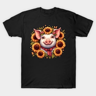 Pig with bow and sunflowers T-Shirt